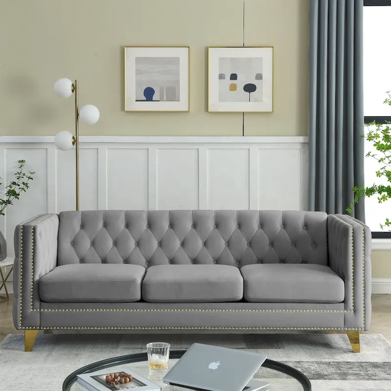 2-Pieces Velvet Upholstered 3 Seat Sofa, Classic Chesterfield Couch Buttons Tufted Square Arm Sofa with Nailheads and Metal Legs