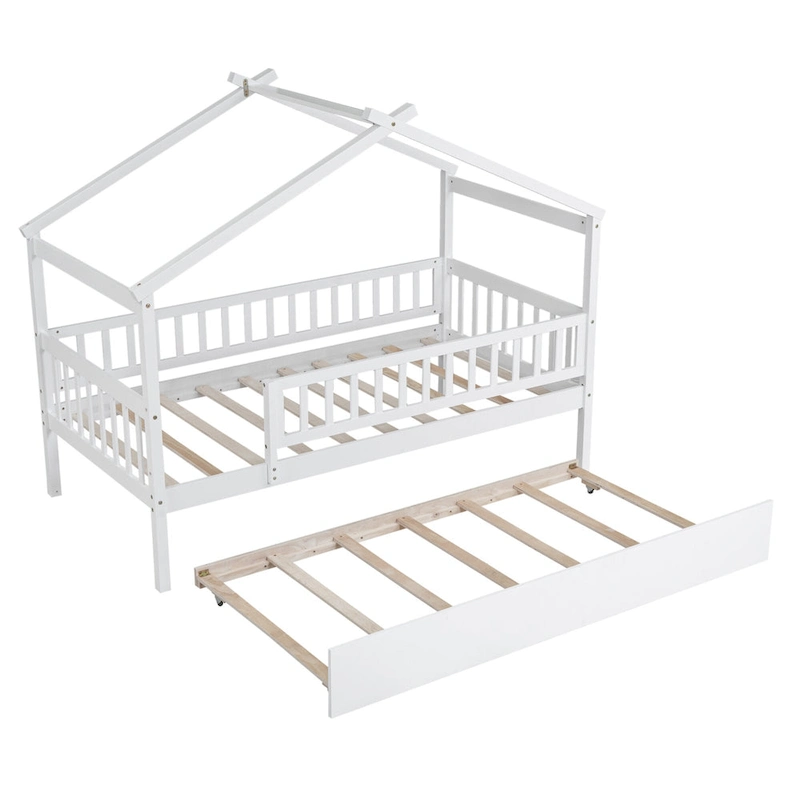 Wooden House Bed with Twin Size Trundle