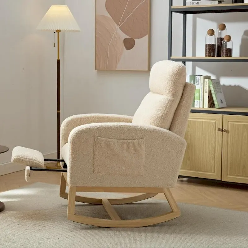 Modern 29.5 High Back Upholstered Rocking Chair with Solid Wood Legs and Adjustable Footrest
