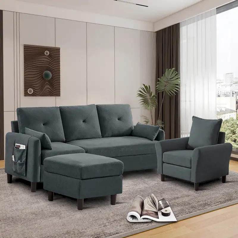 3-Pieces Sectional Sofa Set with Ottoman and Chair