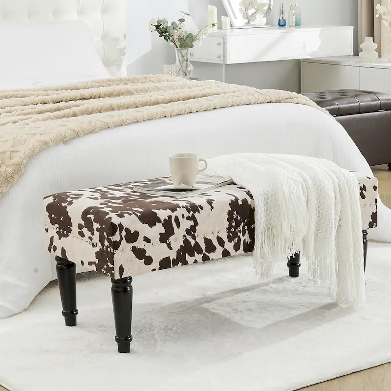 Adeco Cow Print Fabric Rectangular Bench Ottoman
