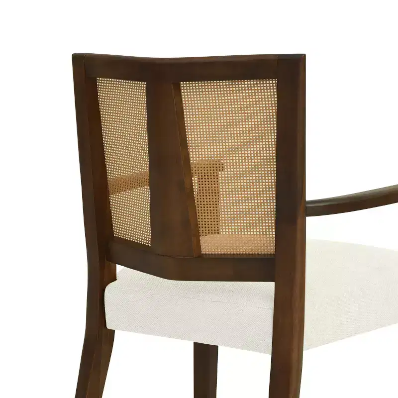 Beige/Dark Brown Upholstered Dining Arm Chairs with Rattan Back, Set of 2