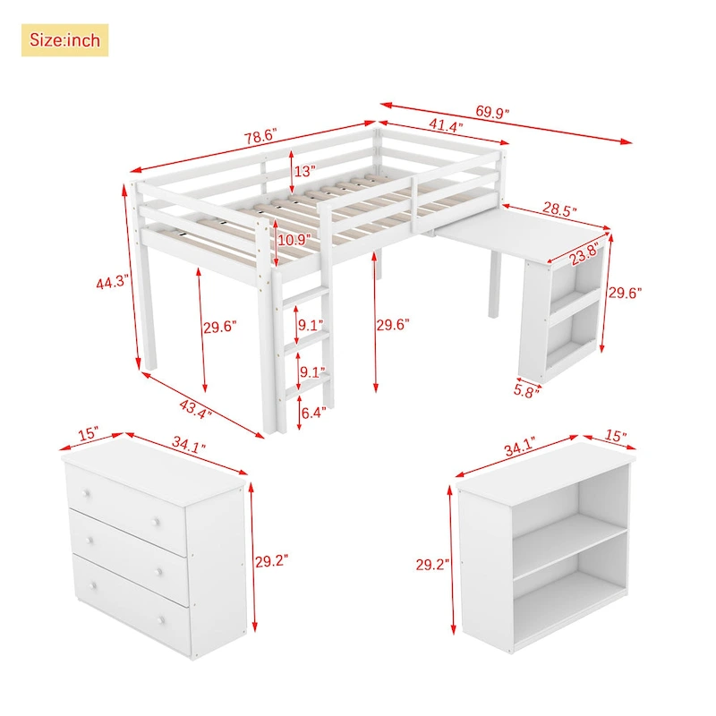 Twin Loft Bed with Pull-Out Desk, 3-Drawer Cabinet & Shelves