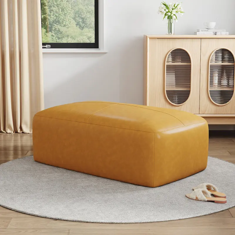 Genuine Leather Ottoman, 43 Upholstered Bench for Living Room and Bedroom