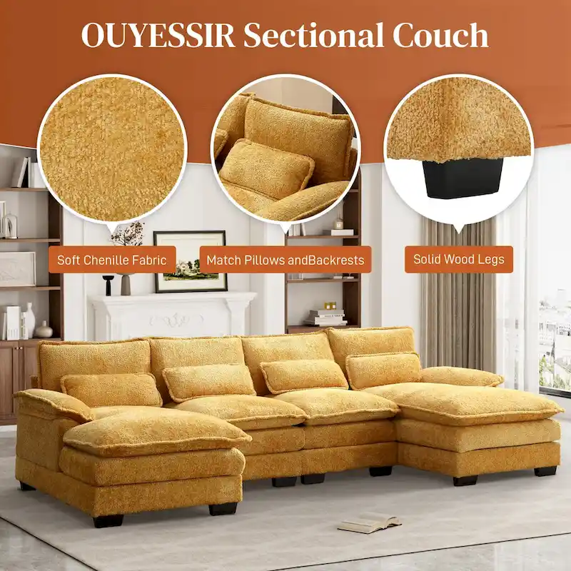 Ouyessir Large Chenille Fabric U-shaped Sectional Sofa with Cushions