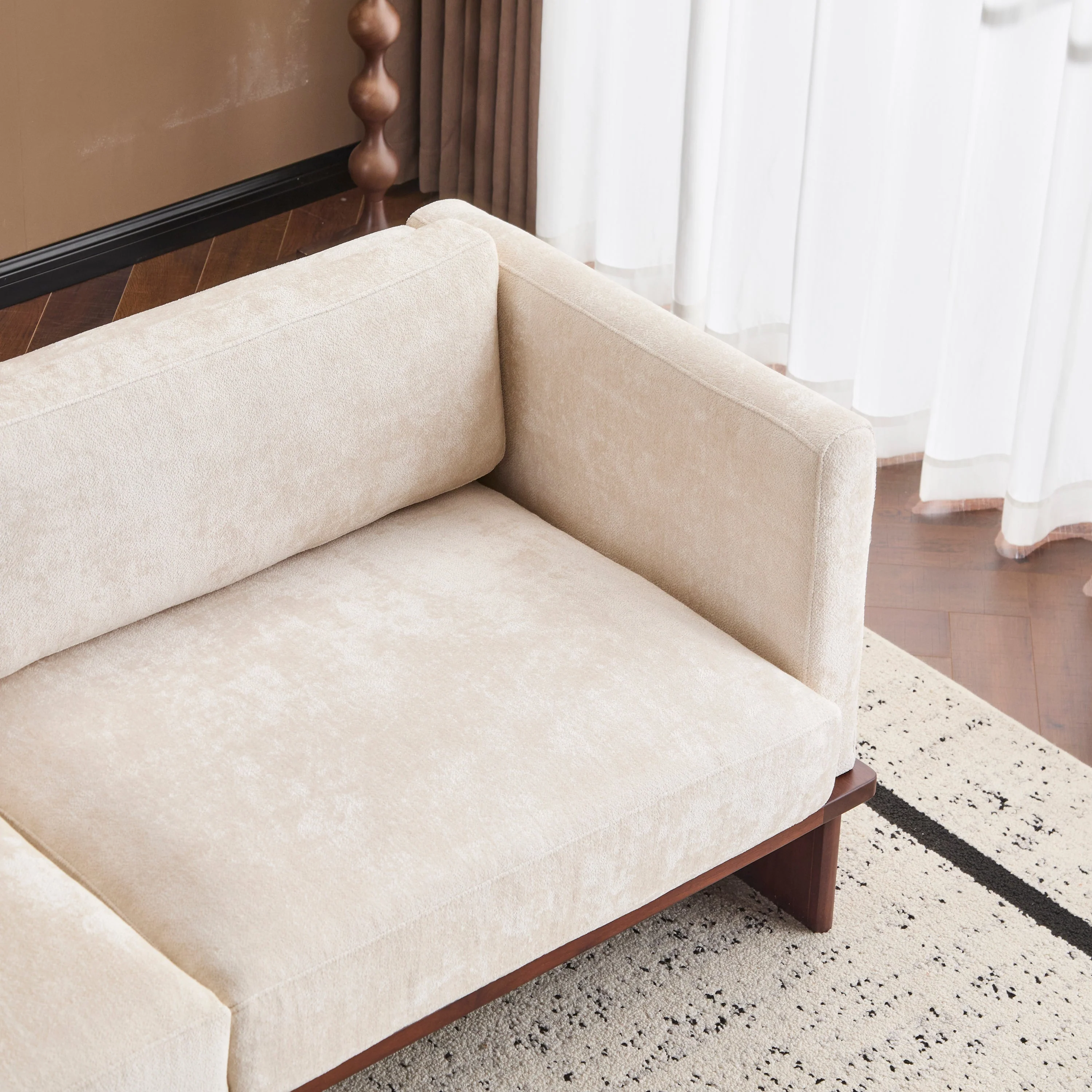 Mid Century Boucle Sofa with Solid Wood Base