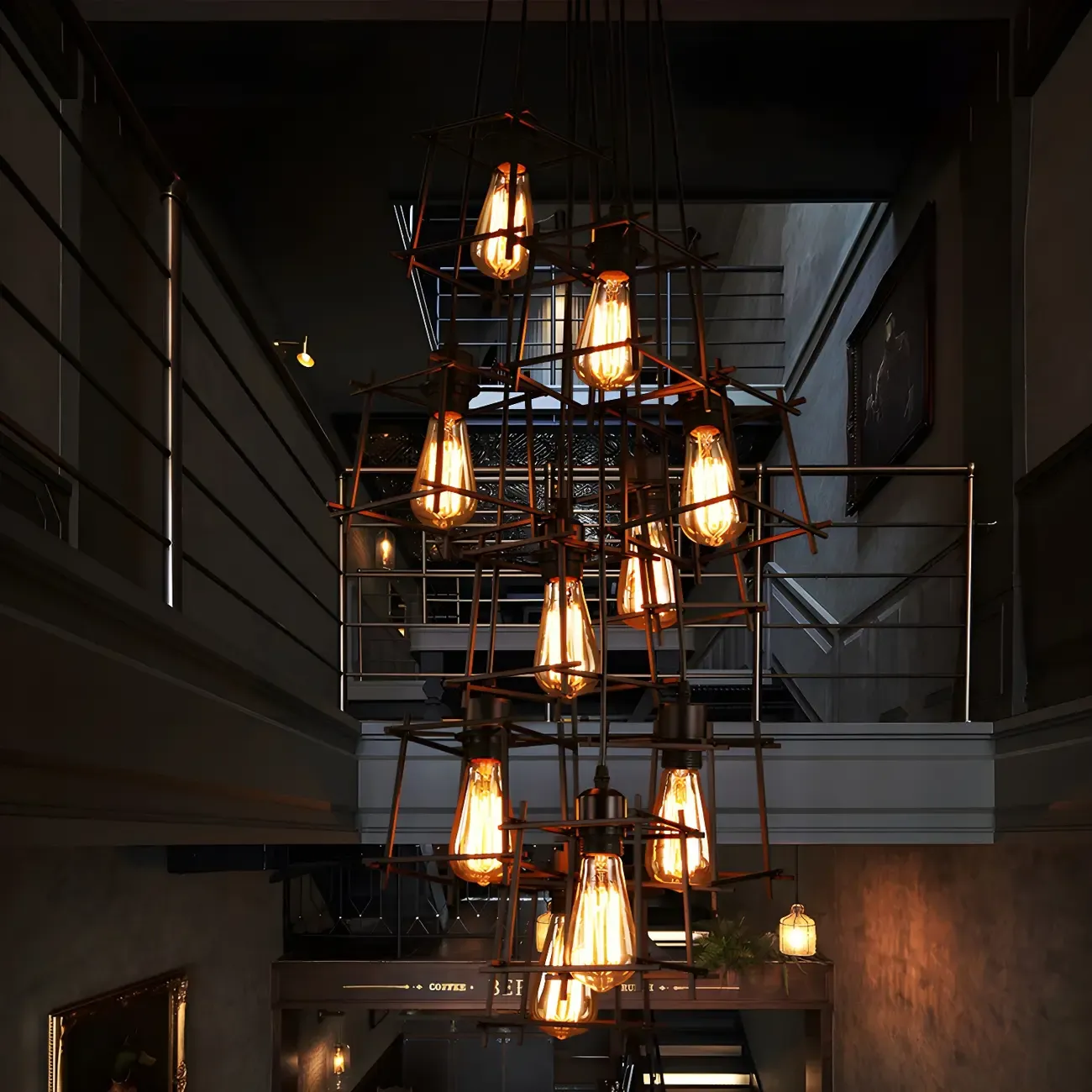 Large 10-Light Black Caged Industrial Pendant Chandelier