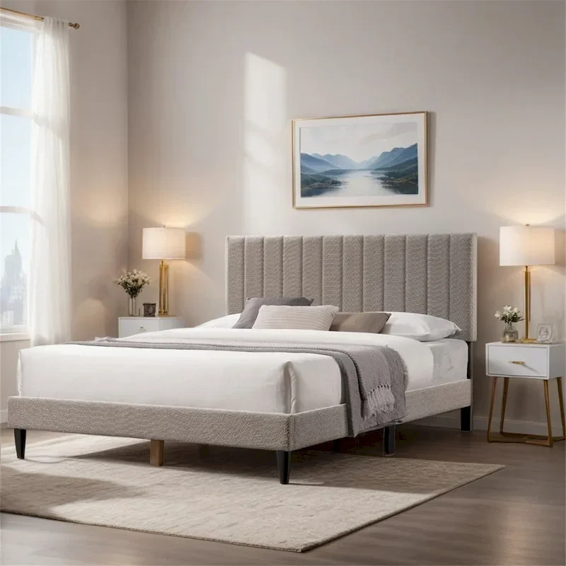 Queen Size Upholstered Platform Bed with Tufted Headboard
