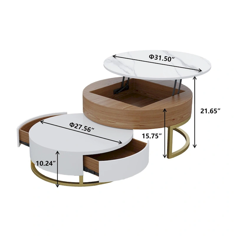 Round Wood Lift-top Nesting Coffee Table with Rotatable Drawers