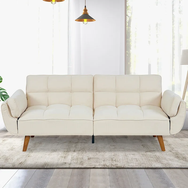 Convertible Futon Sofa Bed, Tufted Linen, Wood Legs, 3-Position Backrest, 500 lbs, Seats 2, Beige/Grey/Green/Yellow