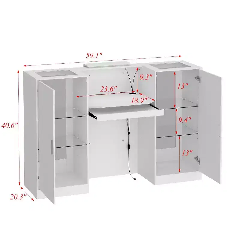 White Reception Desk Counter Table with Glass Display Shelves and LED