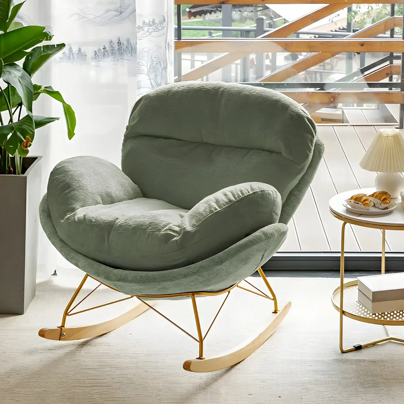 Modern Velvet Upholstered Rocking Chair with Wood Legs