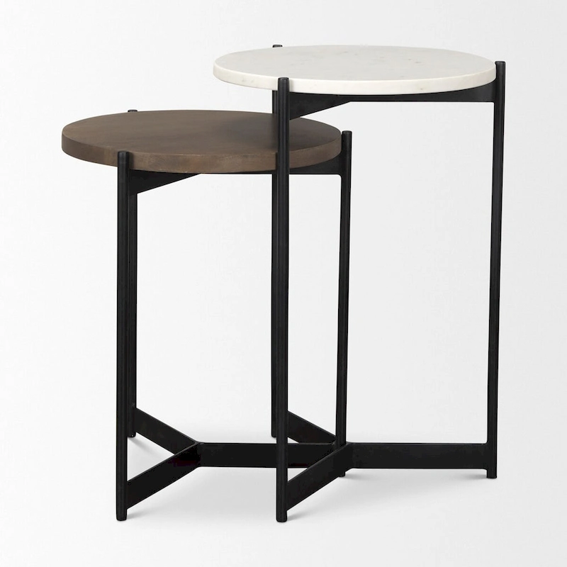 Larkin Marble & Dark Brown Wood Tabletop Nesting End/Side Tables