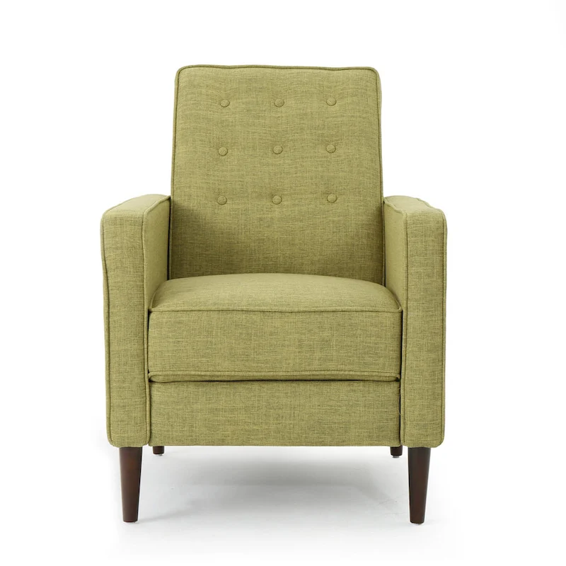 Green Fabric Mid-Century Upholstered Push Back Recliner with Footrest, Button-tufted Backrest, Beech Wood Legs