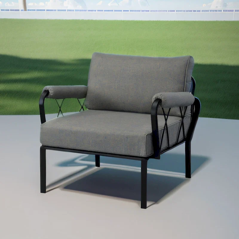 Patio Furniture Set: Armless Chair, Arm Chair, and Ottoman in Gray Fabric & Black Finish