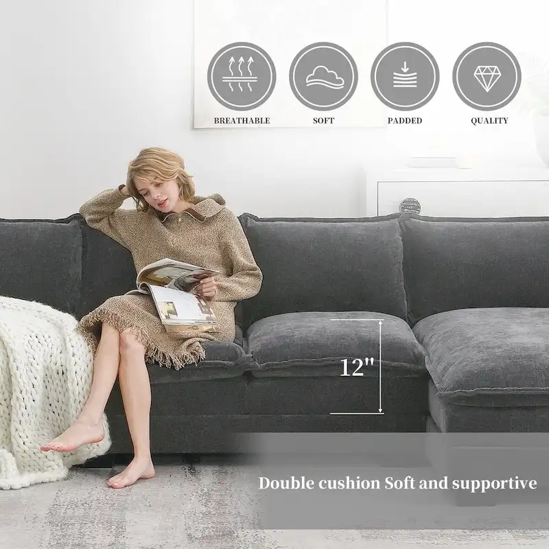 118*55  L-shaped Chenille Cloud Sofa with Double Seat Cushions, 5-seat Upholstered Sleeper Sofa Couch with Chaise Lounge