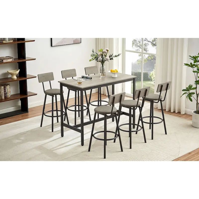 Rustic Style 7-Piece Dining Set with Rectangular Table and PU Leather Bar Chairs
