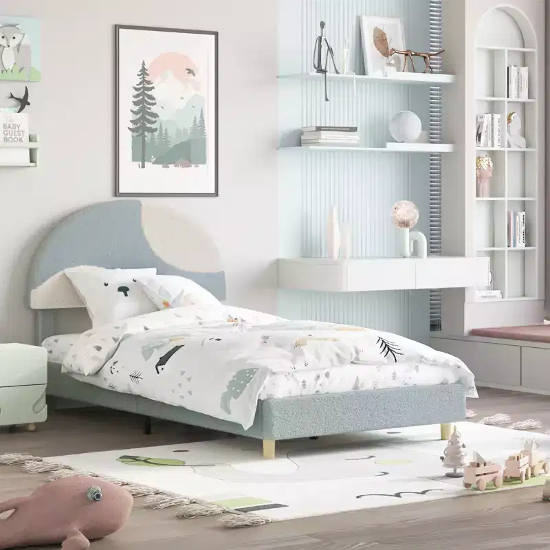 Blue/Pink+White Arched Upholstered Kids Bed Frame — Single, 1 Sleeper