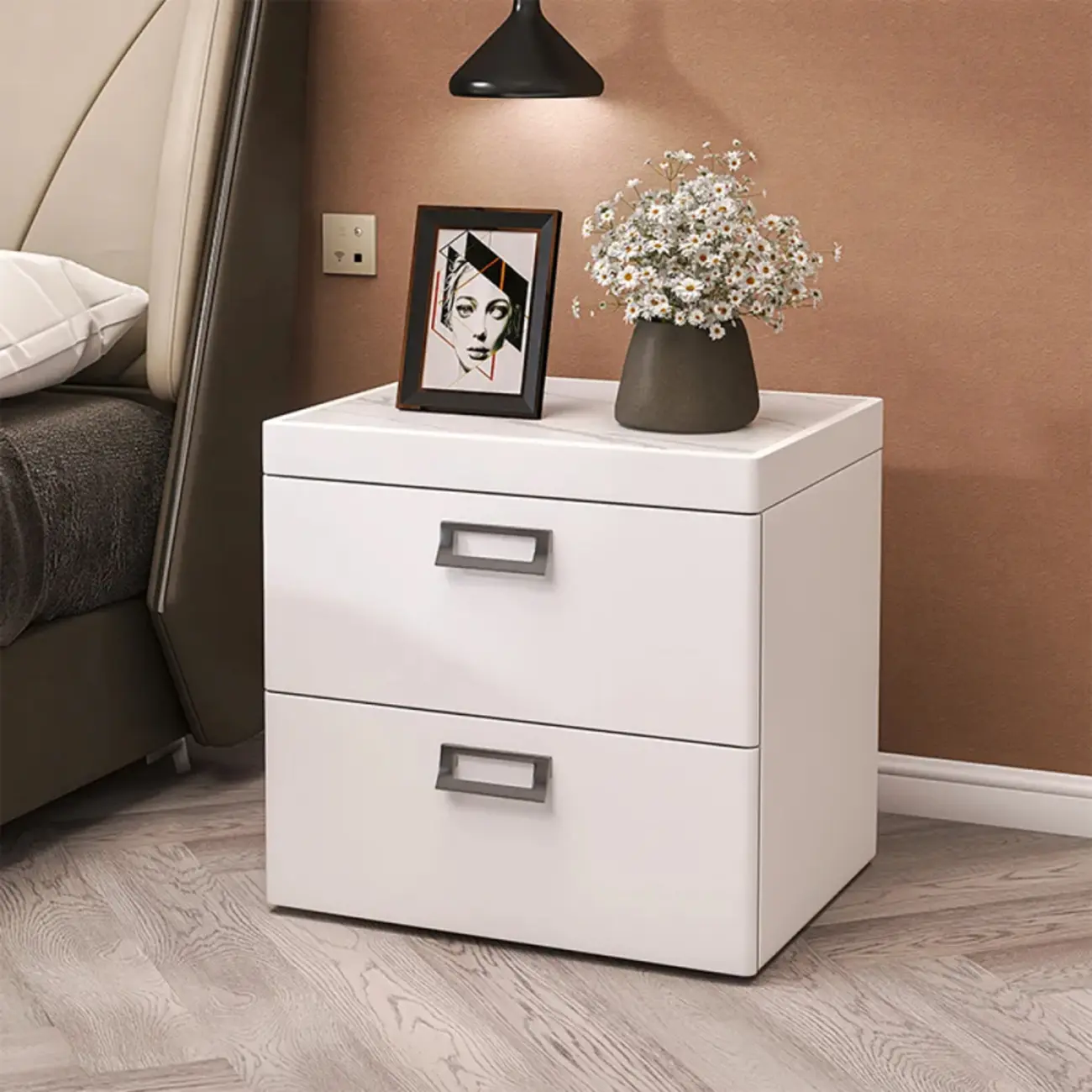 Modern Faux Leather 2 Drawers Nightstand with Stone Top