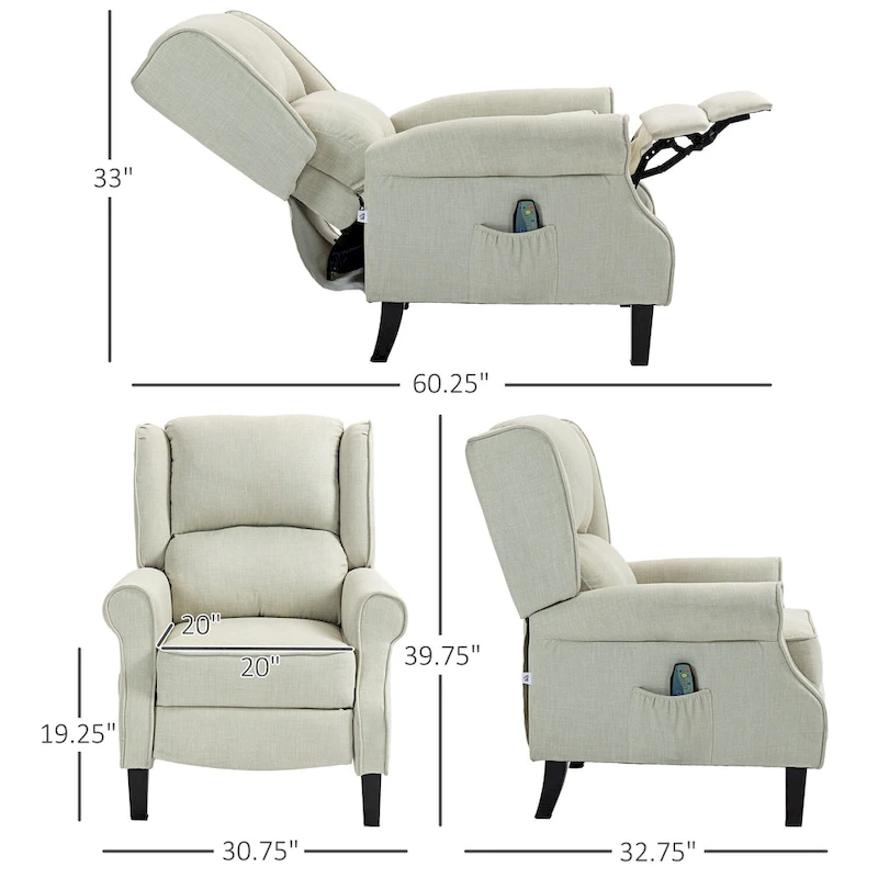 White Linen Wingback Recliner with Vibration Massage, Heat, Footrest