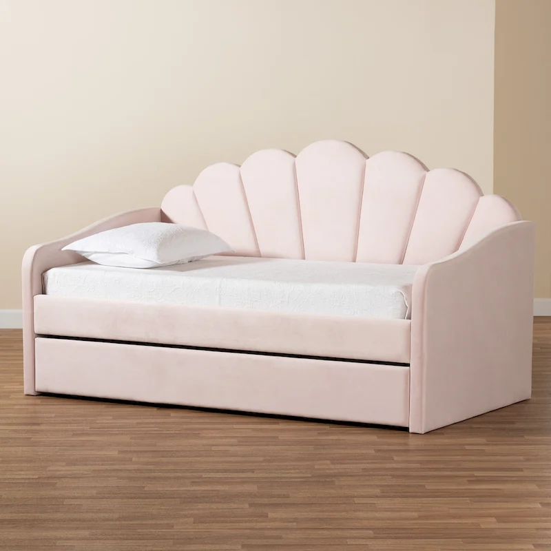 Timila Modern Velvet Upholstered Daybed with Trundle-Light Pink