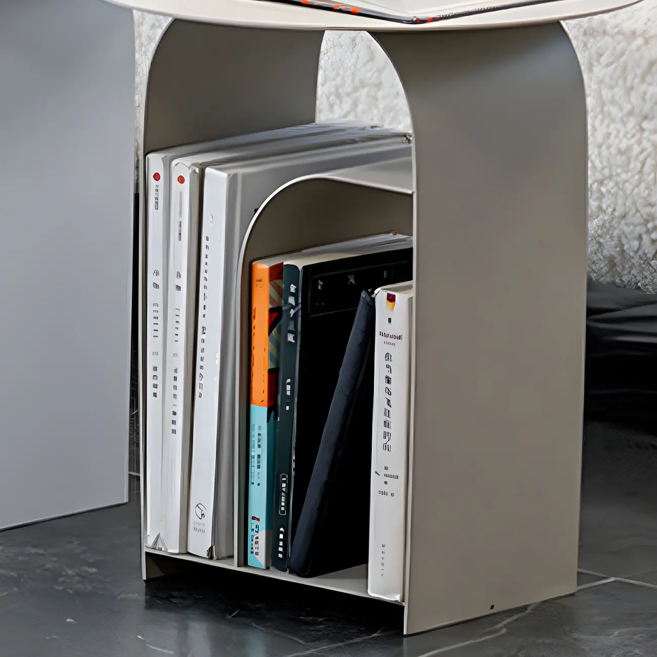 Industrial Narrow White Metal Bedside Table with Round Top