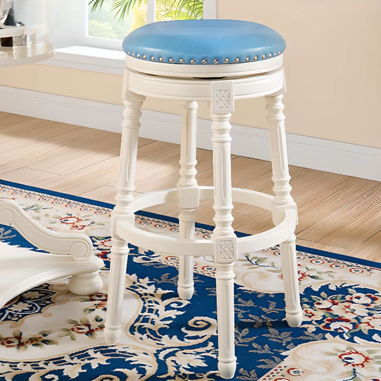 Traditional Blue Faux Leather Swivel Round Bar Stools
