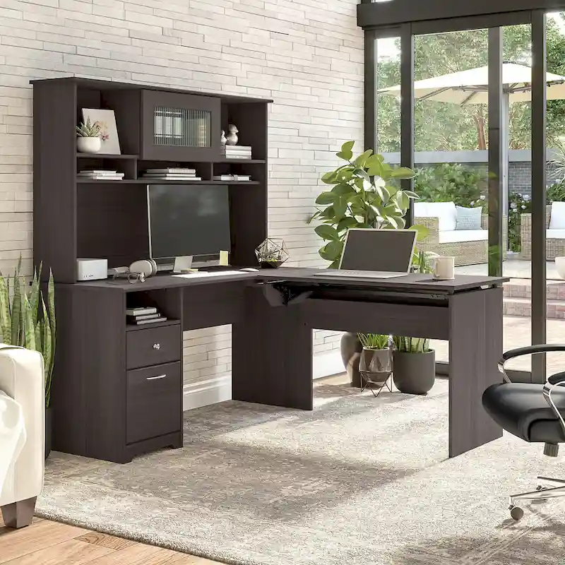 60W 3-position L-shaped Sit to Stand Desk with Hutch by