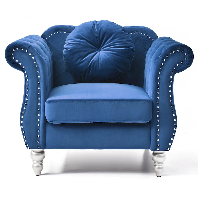 Hollywood Chesterfield Tufted Velvet Accent Chair with Round Throw Pillow - 39L x 35W x 34H