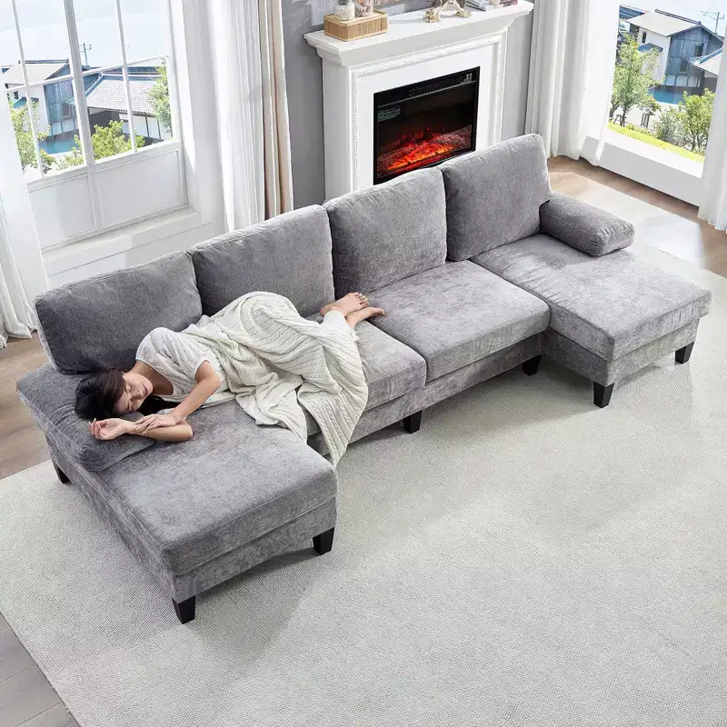Mjkone 110U-Shaped Sectional Couches,Chenille Upholstered Large 4-Seater Sofa with Double Chaises and Sleepable Armrests