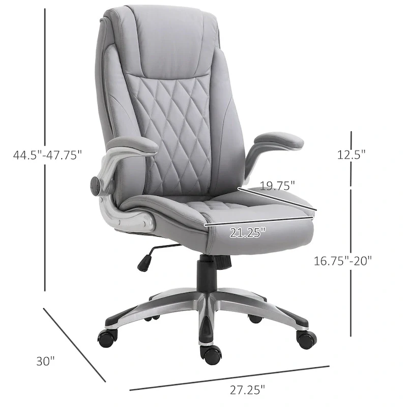 High Back 360 Swivel Ergonomic Home Office Chair with Flip Up Arms, Faux Leather Computer Desk Rocking Chair, Grey