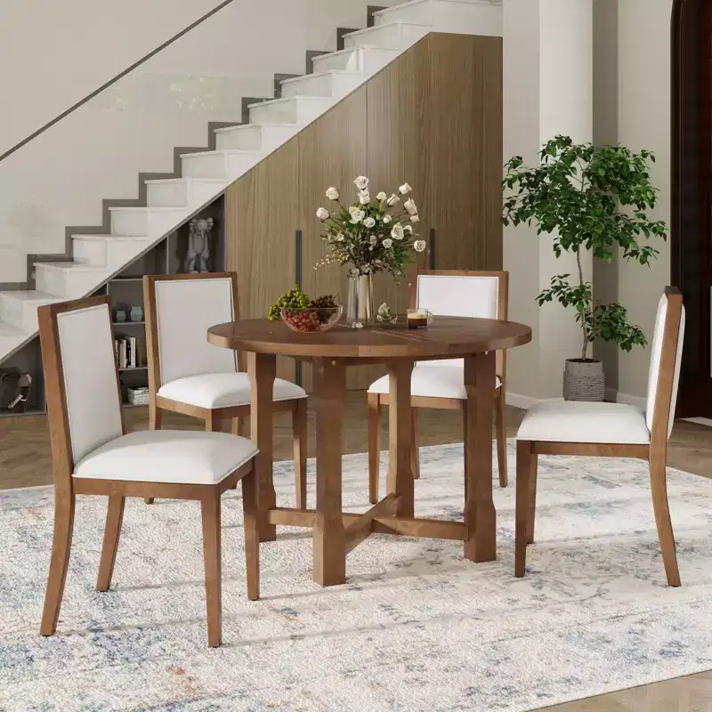 Merax Farmhouse Style Kitchen Table with Removable Leaf & Upholstered Chairs