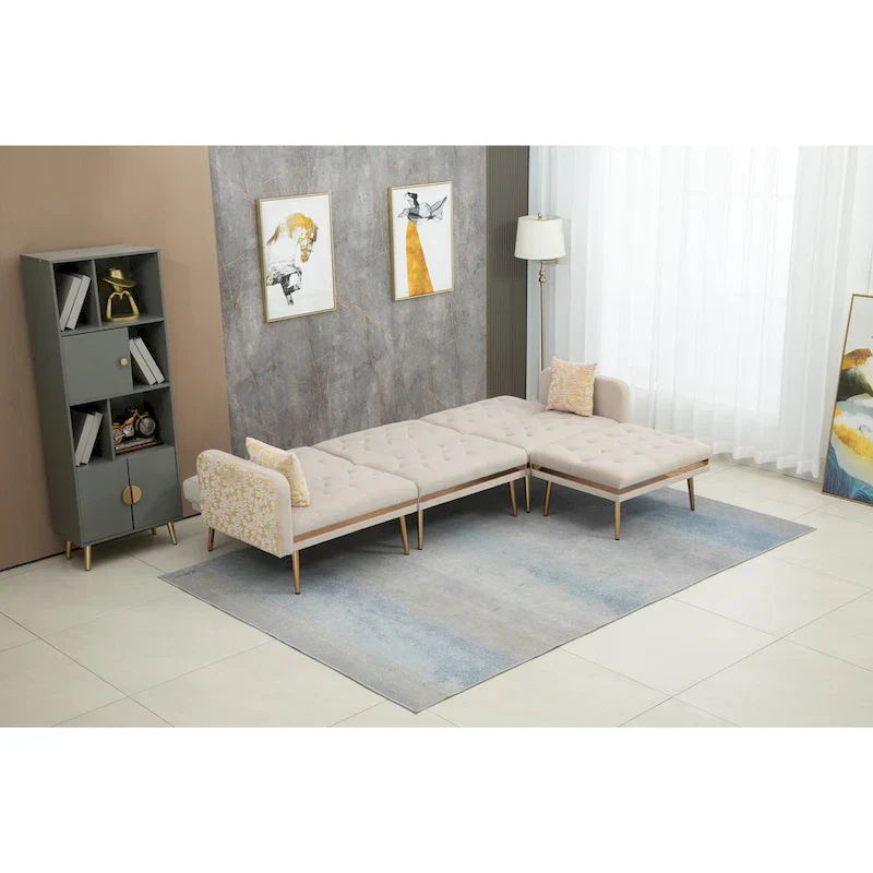 Polyester Upholstered Tufted Sleeper L-Shaped Sectional Sofa With Ottoman