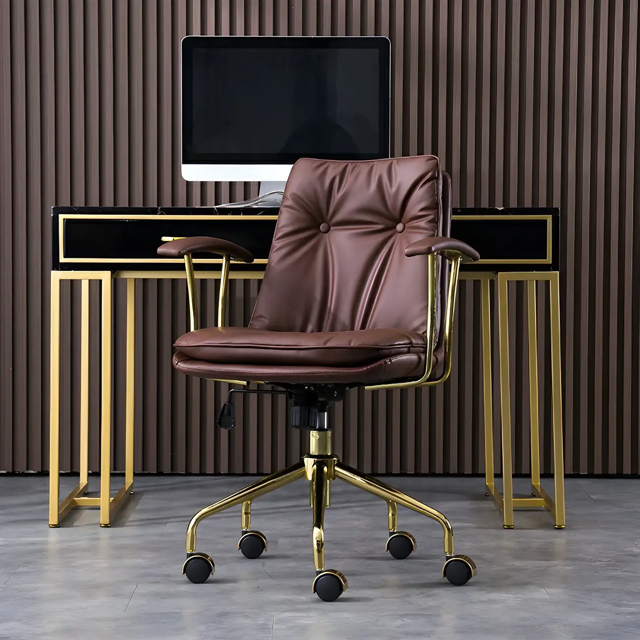 Gold Base Tufted Leather Adjustable Office Chair