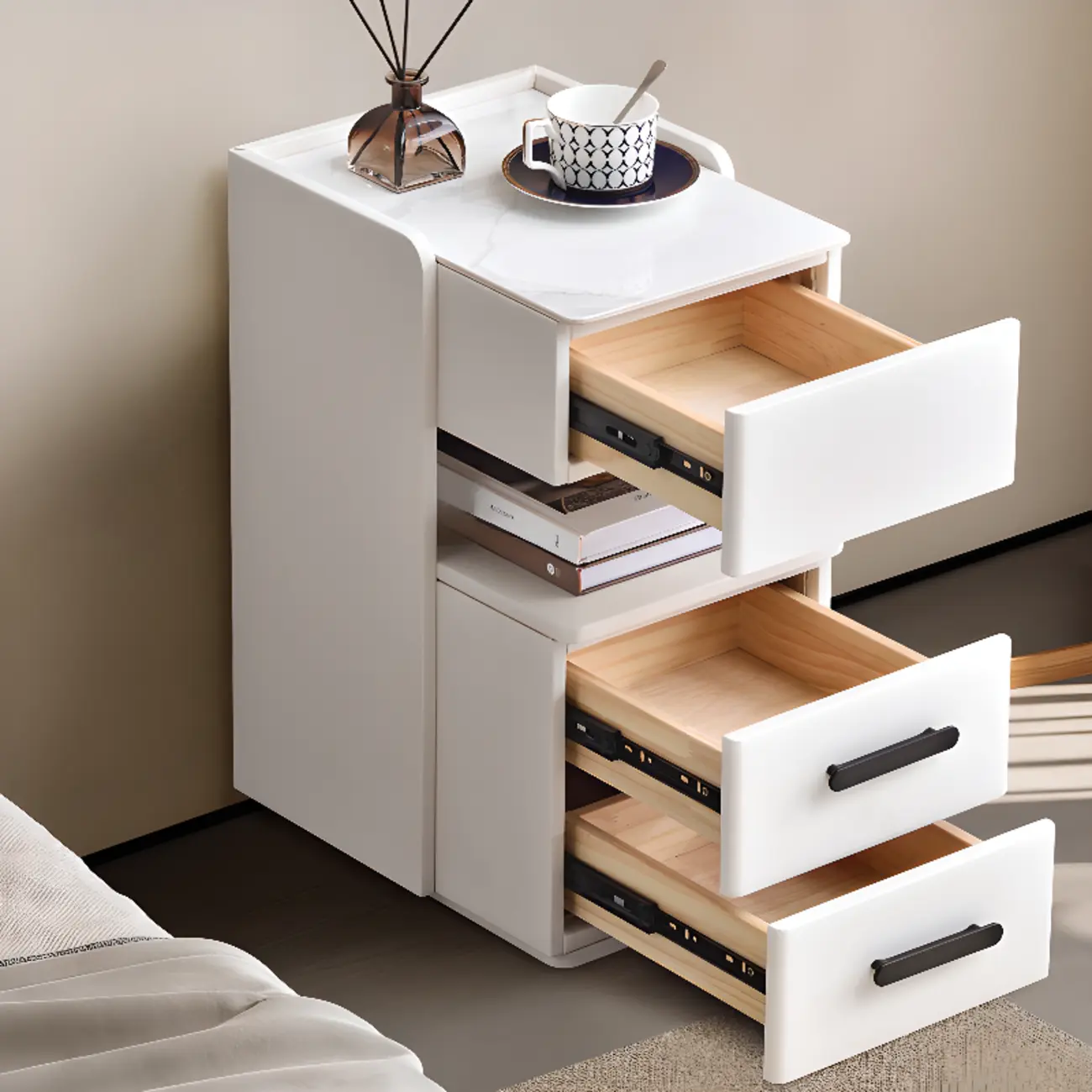 Compact Stone-Top Wooden 4-Tier White Nightstand