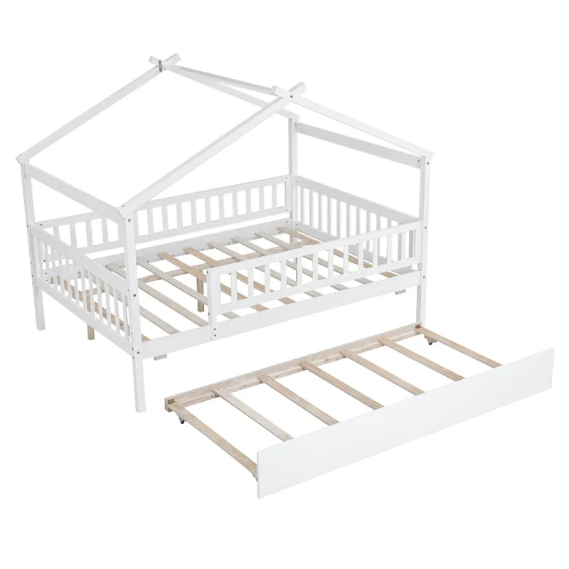 White Pine Wood House Bed with Twin Size Trundle, Full-Length Guardrail