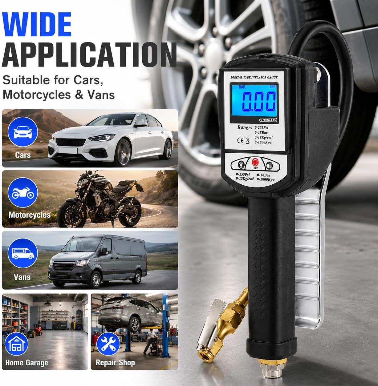 Digital tire inflator gauge with backlit LCD screen and four pressure units