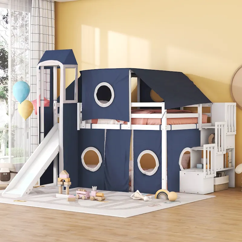 Full Loft Bed with Castle Tent & Tower and Solid Wood Frame, 400lb Capacity, Playhouse Design