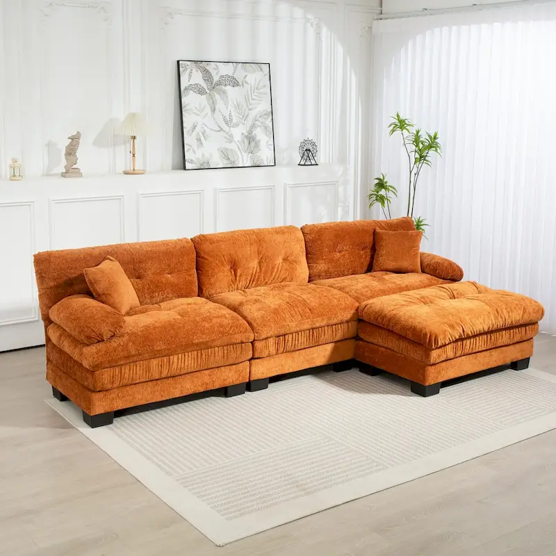 120.87 Chenille L-Shaped Sleeper Sectional Sofa with Ottoman