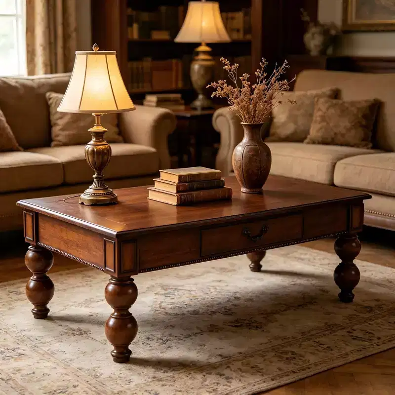 Brown Natural Rubberwood Rectangle Coffee Table with Storage Drawers
