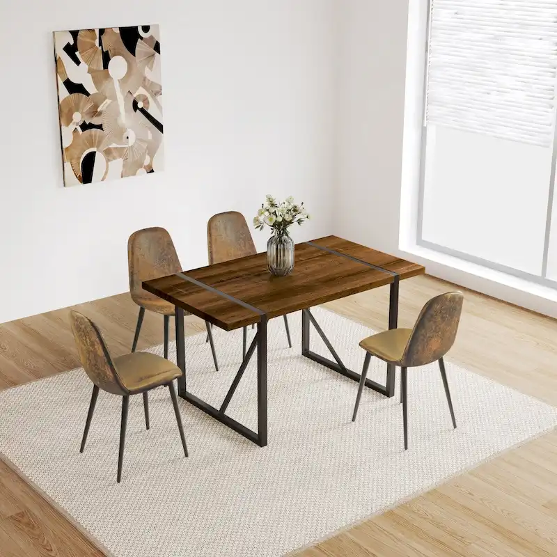 MDF Wood Colour Dining Table and Modern Dining Chairs Set of 4, Mid Century Wooden Kitchen Table Set, Metal Base & Legs
