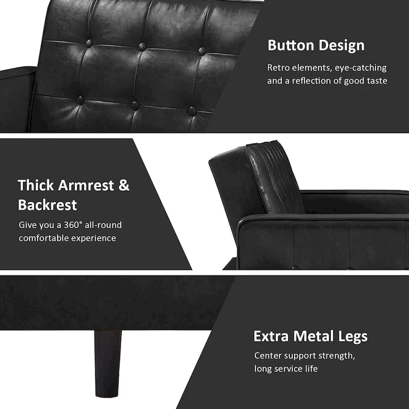 74.4 L Faux Leather Full Handcrafted Button Tufted Sofa 3-Seat, Convertible Sleeper Couch Adjustable Backrest