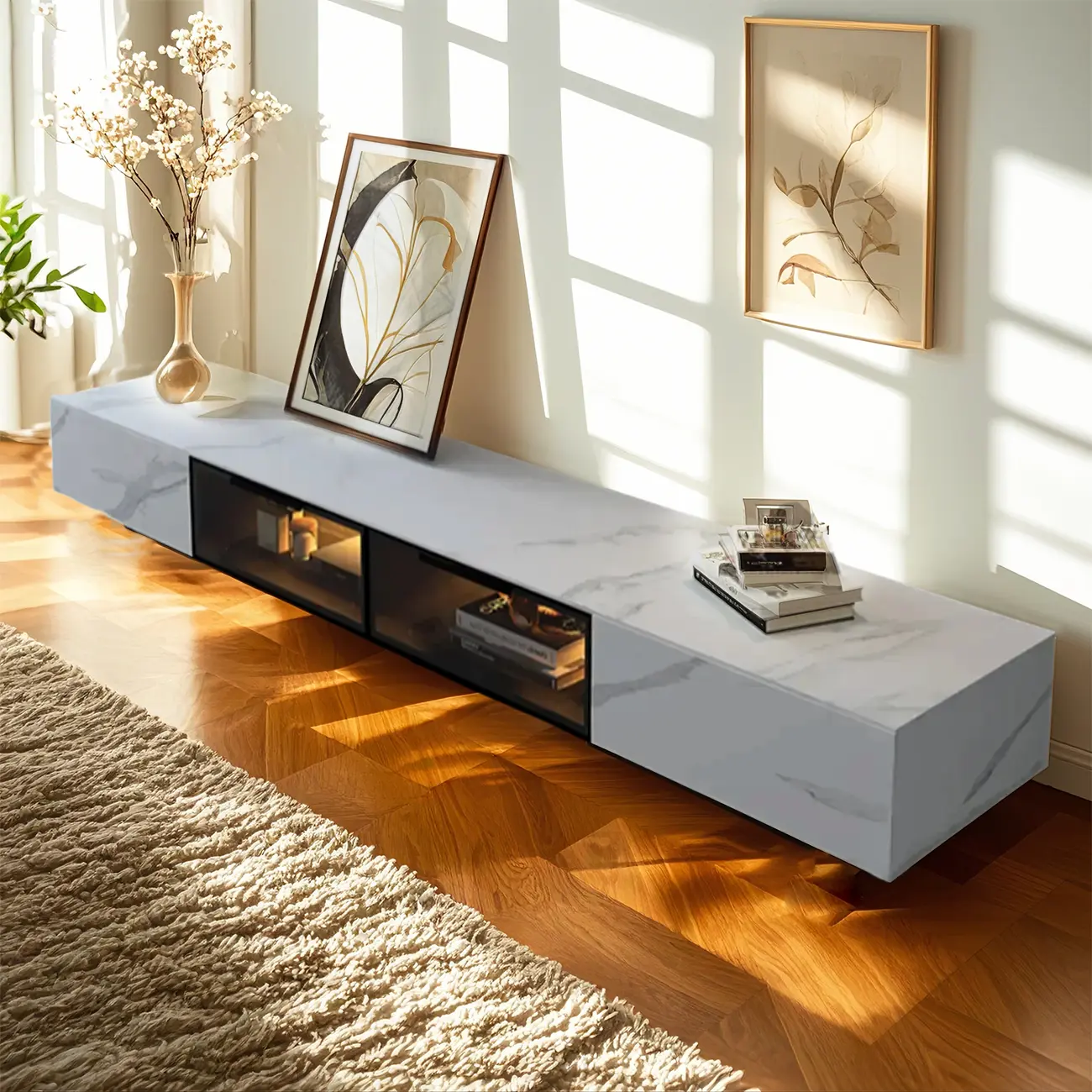 Black Modern Stone Rectangle Drawers TV Stand with LED Lights