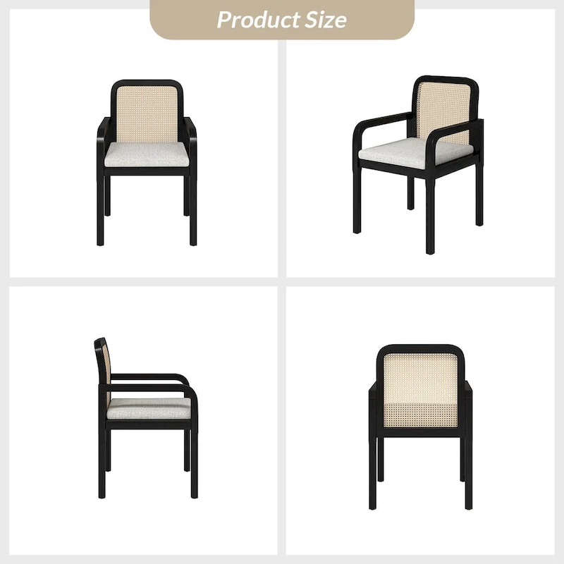 Modern Rattan Back Dining Chair with Removable Cushion - Rubber Wood Frame, Linen Upholstery