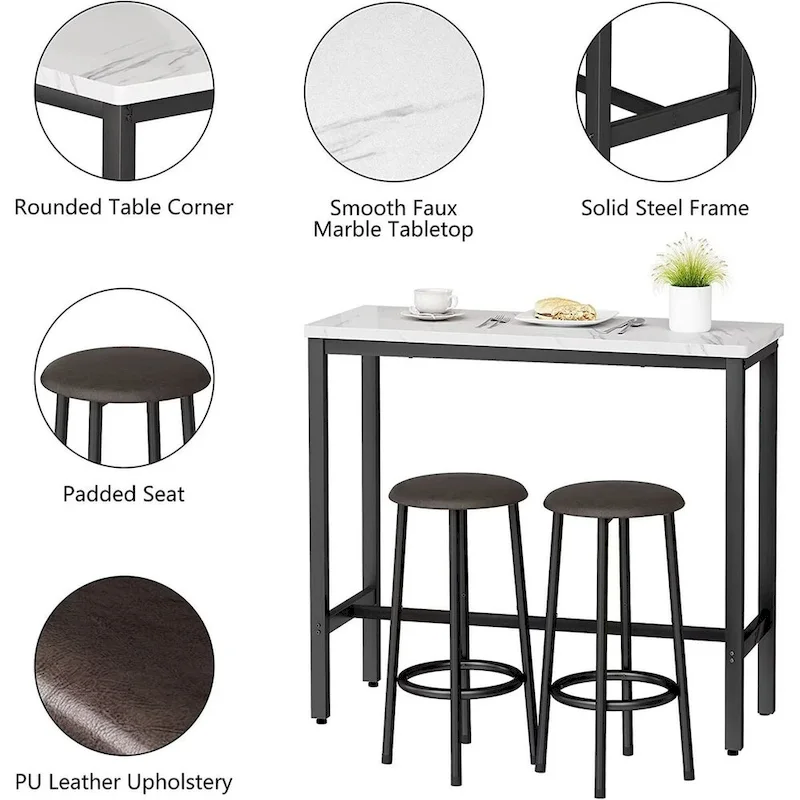 3 Piece Kitchen Pub Dining Set, Modern Faux Marble Counter Height Bistro Bar Table Set with 2 PU Leather Bar Stools