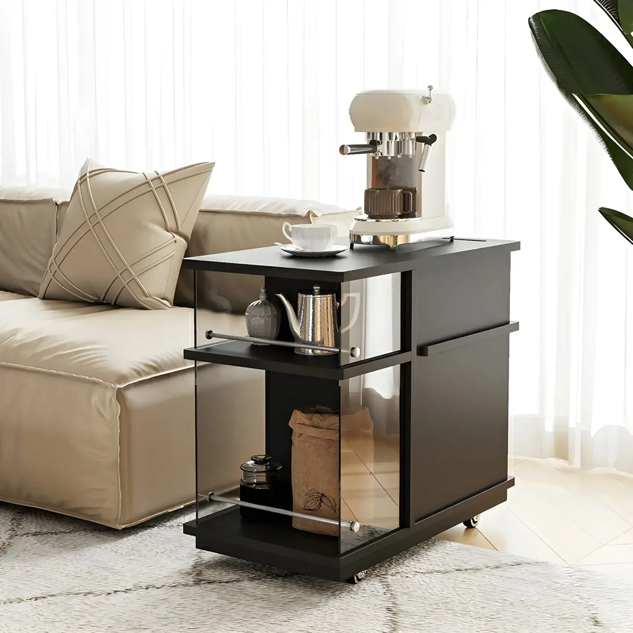 Functional Black Rectangular Wood Side Table with Storage