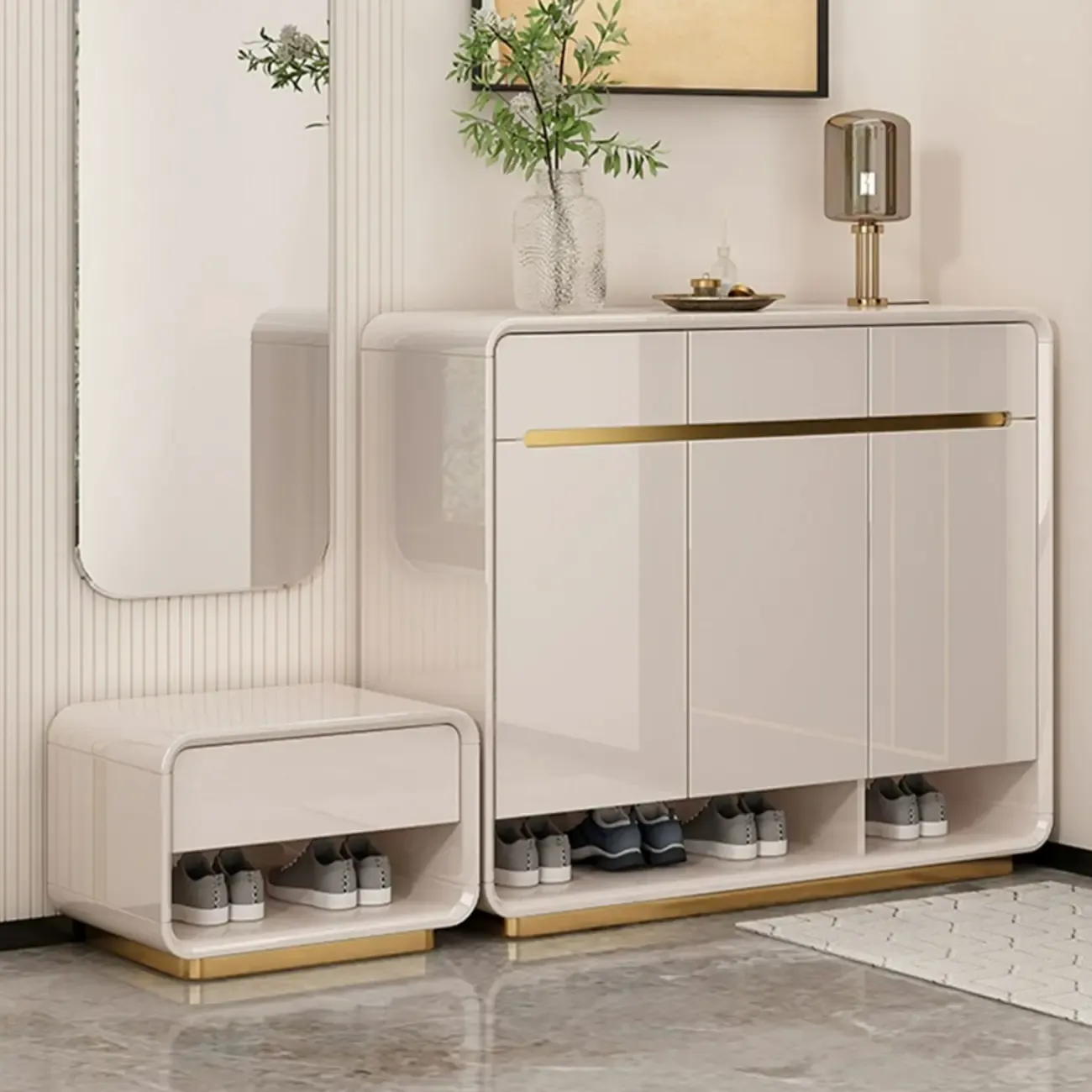 Glam Beige Solid Wood Shoe Cabinet with Display Top