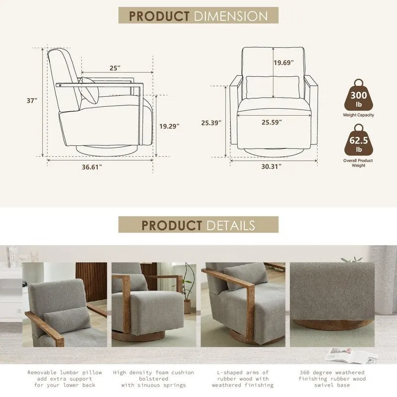 360 Degree Swivel Accent Chair with Solid Wood Armrest and Base