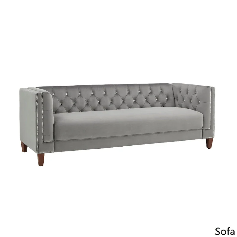 Grey Velvet Tufted Sofa and Loveseat with Nailhead Trim