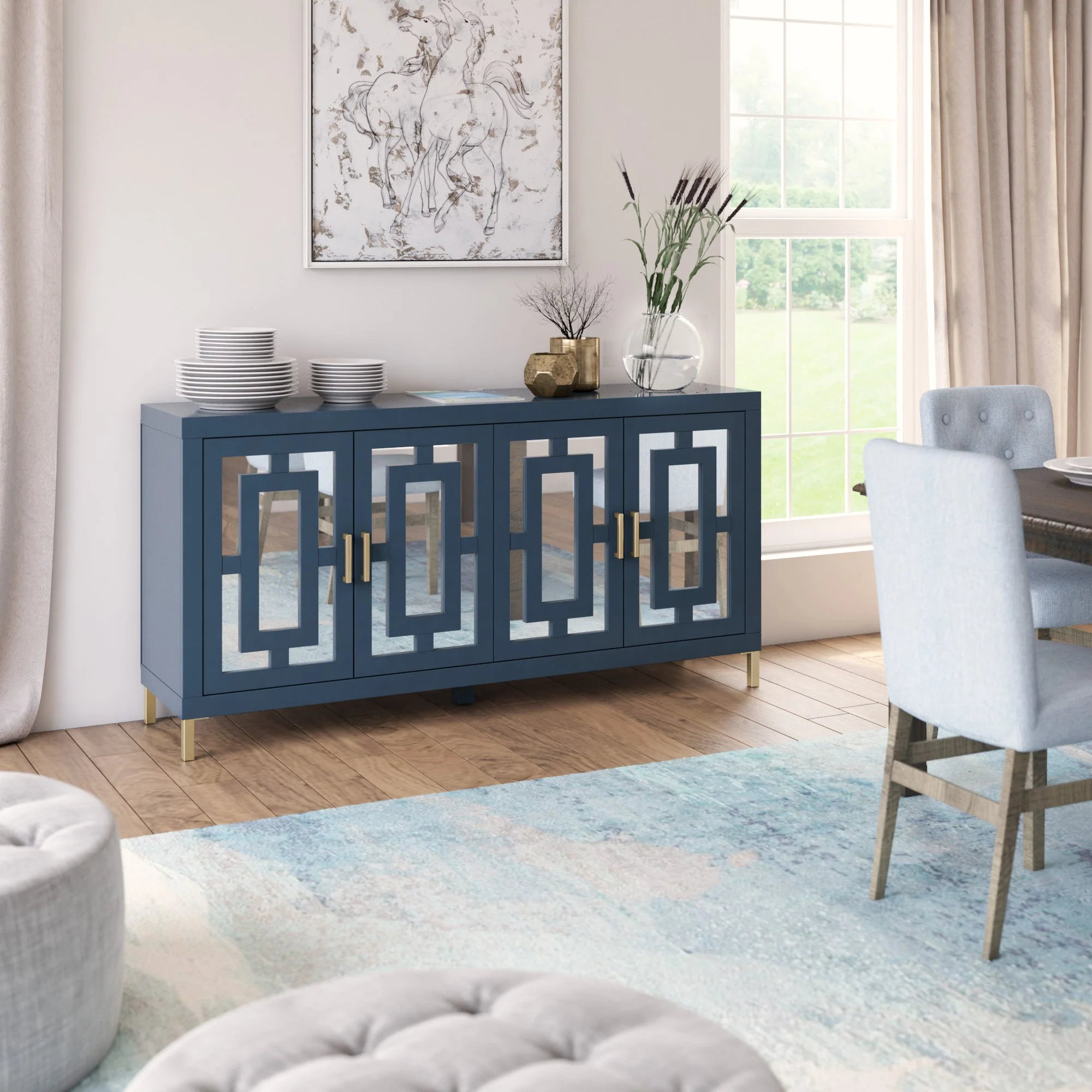 Geometric Mirrored Doors Buffet Sideboard